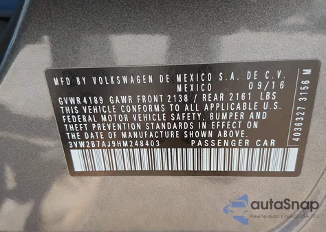 2017 Volkswagen Jetta 1.4T S z USA, uszkodzony, nr VIN 3VW2B7AJ9HM248403